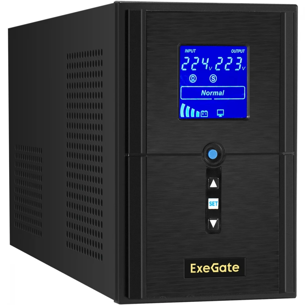 С витрины! ИБП (инвертор, синус, для котла) ExeGate SineTower SN-1500.LCD.AVR.2SH.1C13.USB (1500VA/1200W, чистая синусоида, LCD дисплей, AVR, 2*Schuko+1*C13, USB, батарея 12V 9Ah - 2 шт., линейно-ин