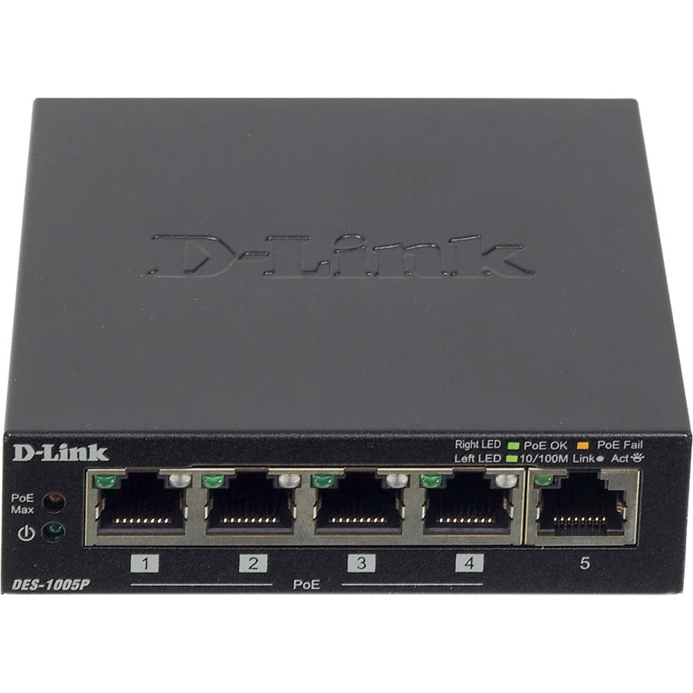 Коммутатор D-Link DES-1005P/B1A Неуправляемый коммутатор с 5 портами 10/100Base-TX, функцией энергосбережения и поддержкой QoS (4 порта с поддержкой PoE 802.3af/802.3at (30 Вт), PoE-бюджет 60 Вт) {1