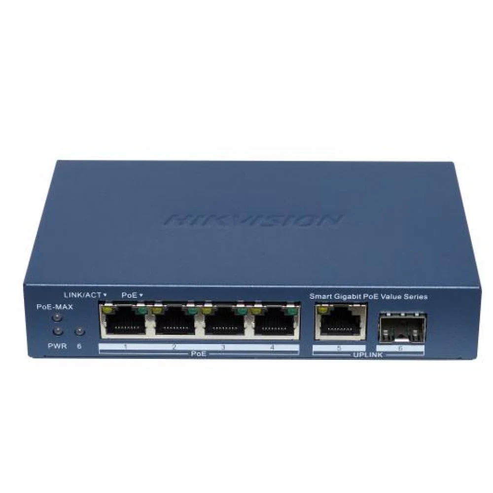 Коммутатор, Hikvision, DS-3E1506P-EI/M-4P1T1F, Управляемый L2, 4 x Gigabit RJ45, РоЕ 802.3af/at 45W, 1 x Gigabit RJ45, 1 x SFP, Настольный, Long Range Ports 1 to 4: up to 300 m.