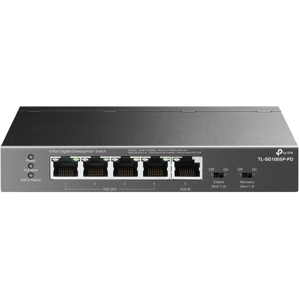 Коммутатор PoE+ GbE 5-портовый Tp-Link TL-SG1005P-PD &lt неуправляемый гигабитный коммутатор с входящим PoE++, 1 порт RJ45 10/100/1000 Мбит/с с поддержкой входящего PoE (802.3af/at/bt), 4 портf GbE