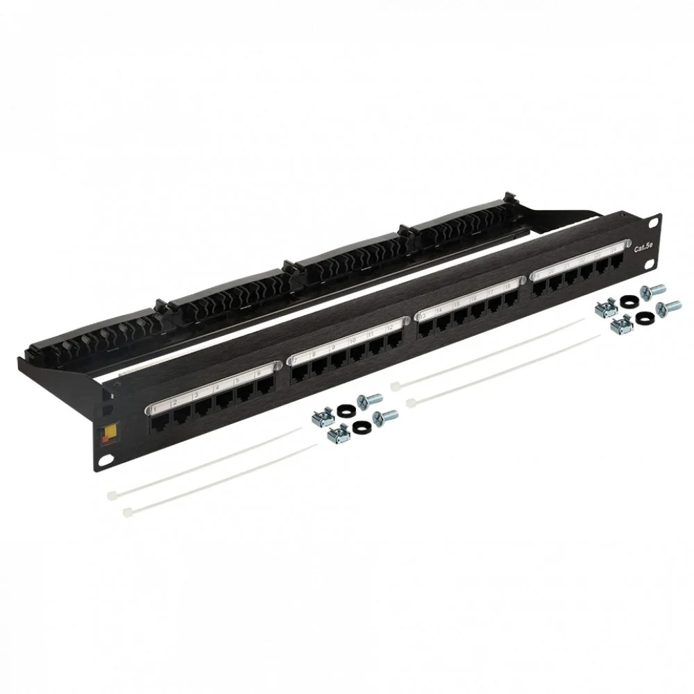 Патч-панель Патч-панель 19", 24 порта RJ45, неэкранированная, кат.5E, 1U, с задним органайзером с фиксаторами кабеля