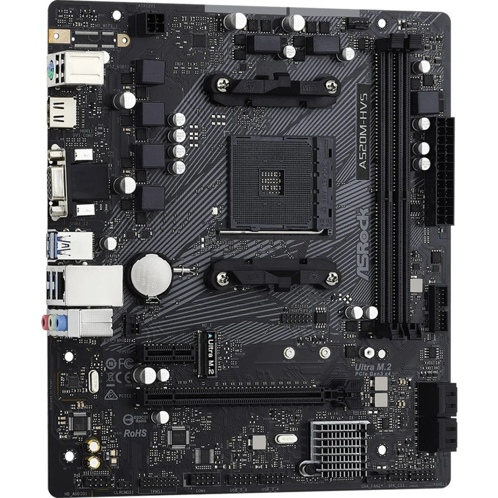 Материнская плата ASRock A520M-HVS, Socket AM4, AMD A520, 2xDDR4-3200, D-SUB+HDMI, 1xPCI-Ex16, 1xPCI-Ex1, 4xSATA3(RAID 0/1/10), 1xM.2, 8 Ch Audio, GLan, (2+4)xUSB2.0, (4+2)xUSB3.2, 1xPS/2, mATX, RTL