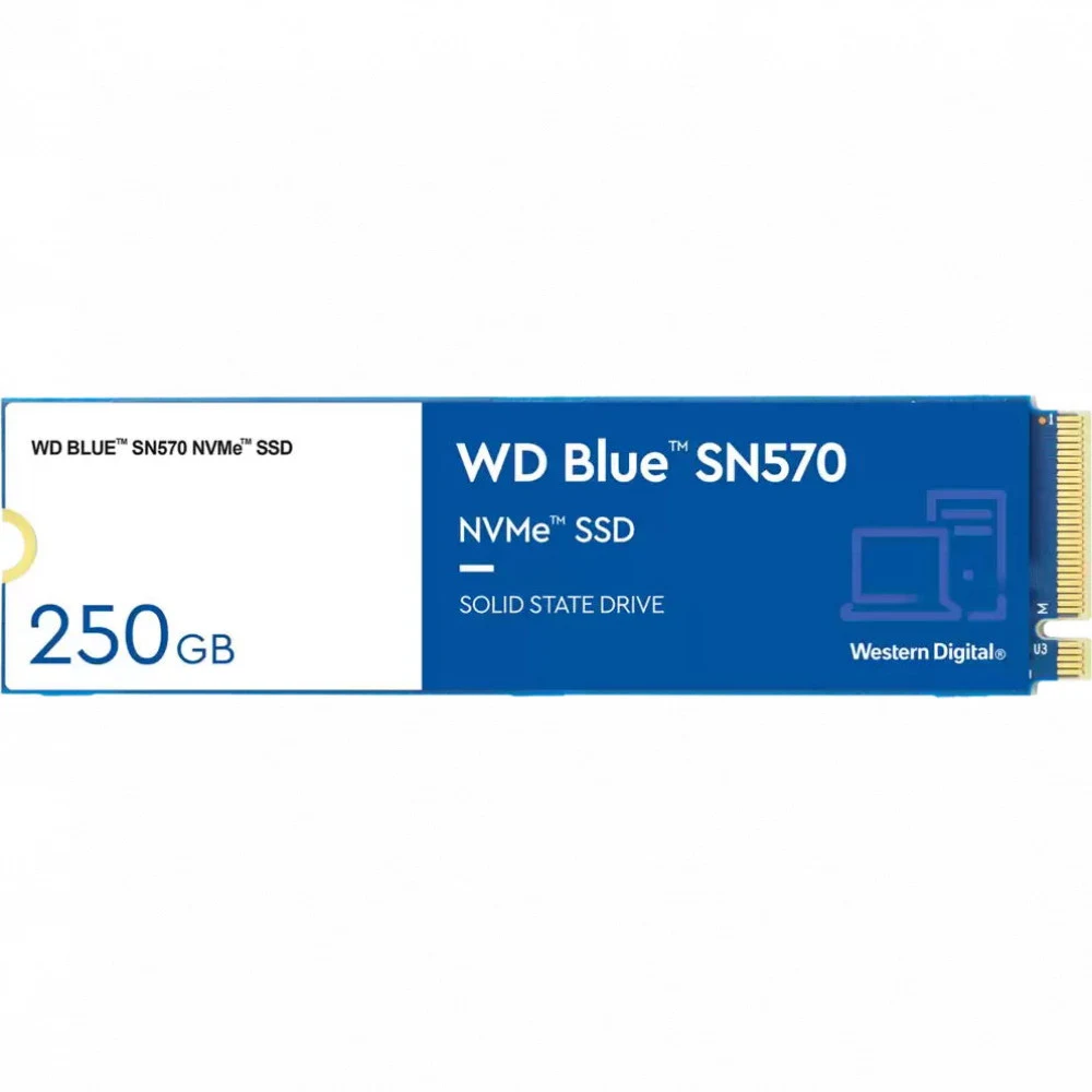 Твердотельный накопитель/ WD SSD Blue SN570 NVMe, 250GB, M.2(22x80mm), NVMe, PCIe 3.0 x4, 3D TLC, R/W 3300/1200MB/s, IOPs 190 000/210 000, TBW 150, DWPD 0.3 (12 мес.)