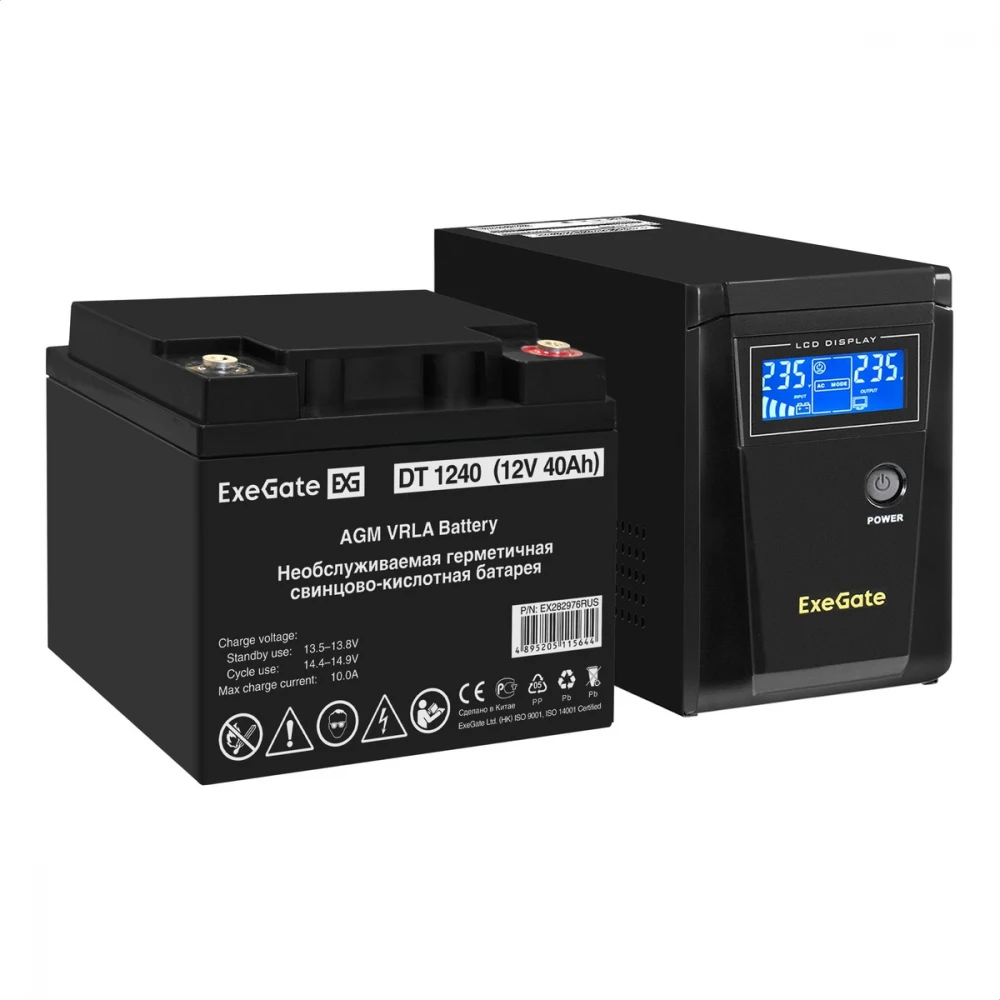 Комплект ИБП EX295986RUS + батарея 40Aч EX282976RUS 1шт (инвертор, синус, для котла) ExeGate SineTower SZ-600.LCD.AVR.1SH <600VA/360W, чистый синусоида, LCD дисплей, AVR, 1*Schuko, линейно-интеракти