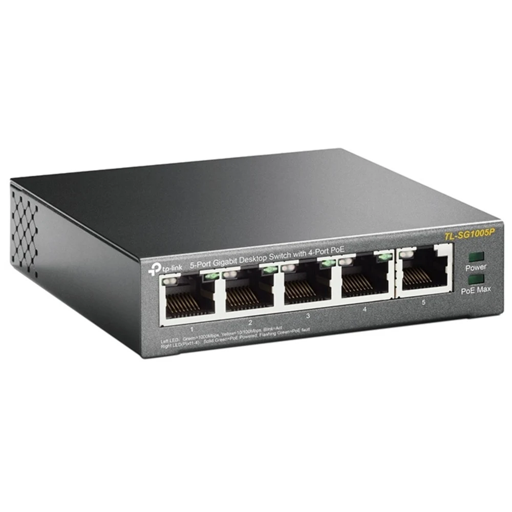 Коммутатор TP-LINK TL-SG1005P 5-портовый гигабитный настольный коммутатор с 4 портами PoE, 5 гигабитных портов RJ45,включая 4 порта PoE, бюджет PoE до 65 Вт, стальной корпус, {12} (083212)