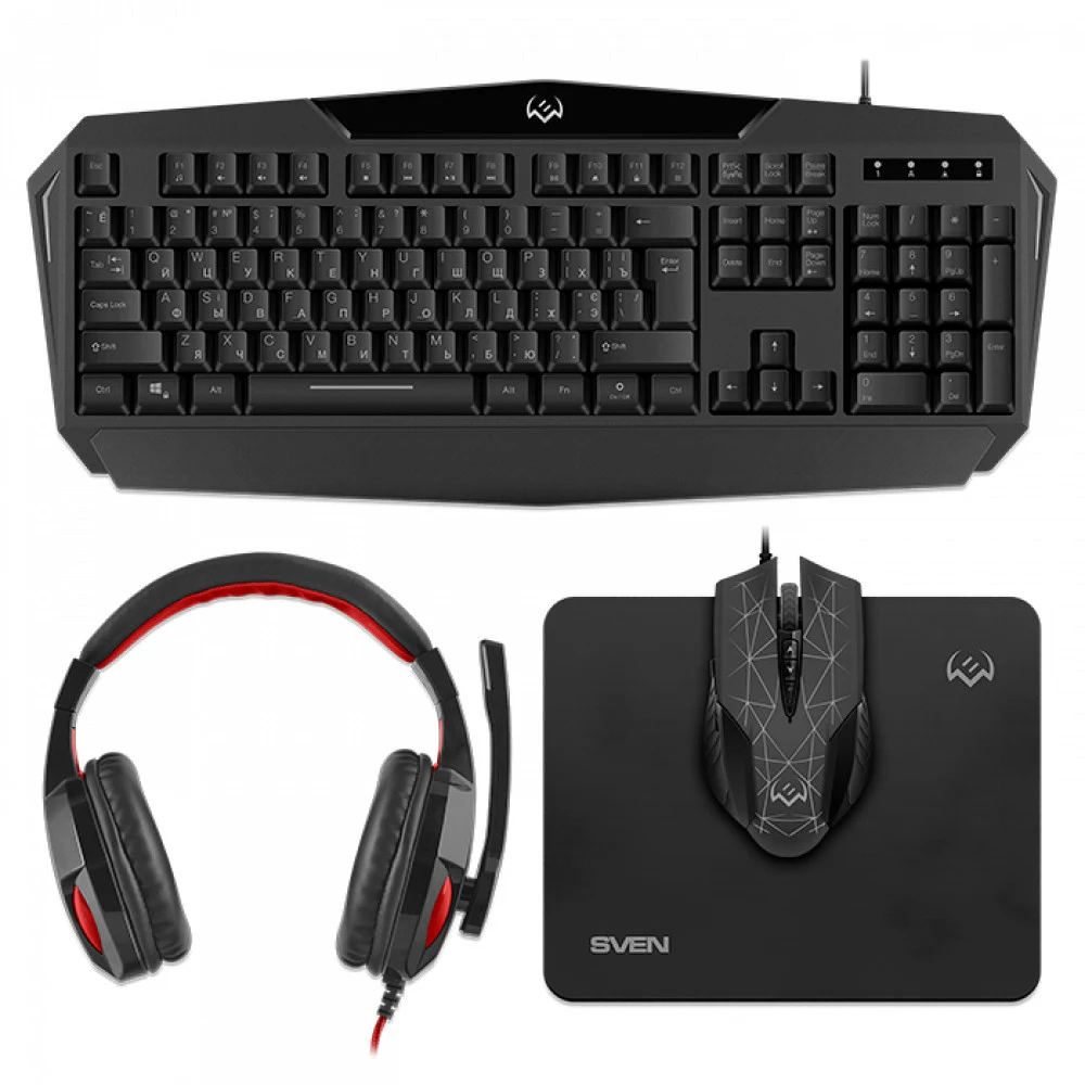 SVEN GS-4300 Набор игровые клавиатура, мышь, гарнитура и коврик (USB, мембранная, 104 клавиши, оптическая, 8 кнопок, 3200 dpi)