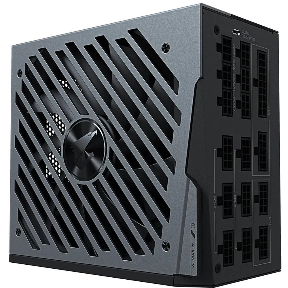Блок питания, Gigabyte, AORUS GP-AP1200PM, 1200W, ATX, 80 PLUS Platinum, APFC, 20+4 pin, 2*4+4pin, 16*Sata, 6*Molex, 2*FDD, 10*PCI-E 6+2 pin, Вентилятор Smart 14 см, Кабель питания, Чёрный