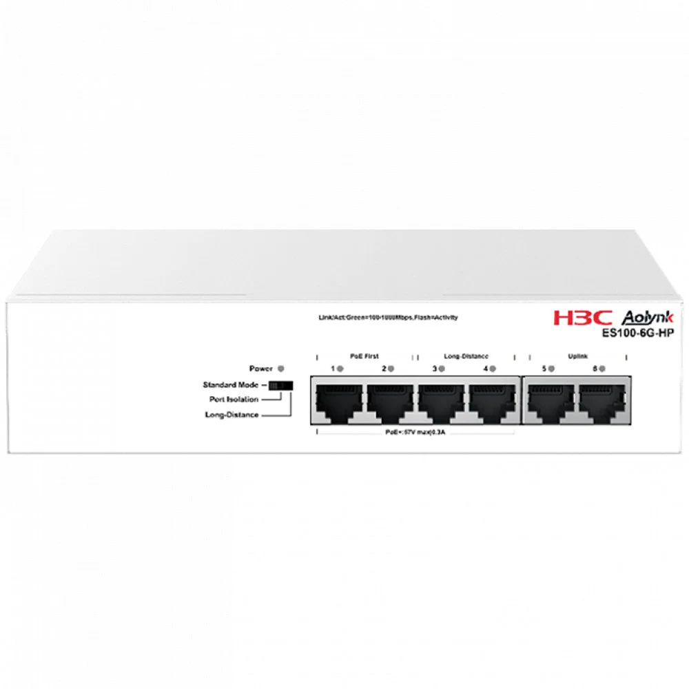 Коммутатор, H3C, Aolynk ES100-6G-HP, Неуправляемый, 2 uplink порта, 4 порта 10/100/1000Base RJ45 4 PoE+, DIP переключатель режимов, Настольный, 802.3af/at, бюджет 65W