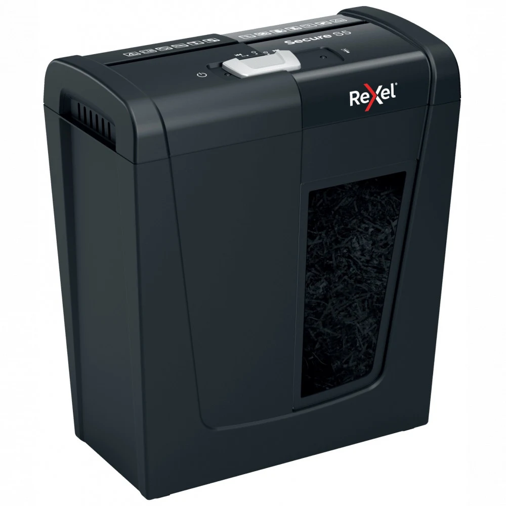 SHRp P-2 Rexel Secure S5 Шредер Продольная резка, уровень секретности P-2. Размер фрагментов 6 мм. Корзина объемом 10 литров (вмещает 75 измельченных листов формата A4). Уничтожает до 5 листов форма