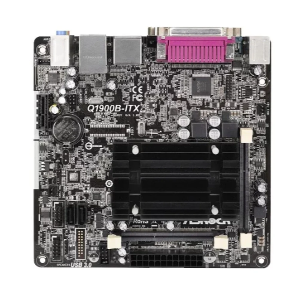 Материнская плата с процессором ASRock Q1900B-ITX Процессор Intel® Quad-Core J1900 Dsub+HDMI GbLAN SATA Mini-ITX 2DDR-III SO-DIMM. 1xUSB 3.0, 3xUSB 2.0, 1xLPT, 1xCOM, 1xRJ-45 LAN, 1xVGA монитор, 1x
