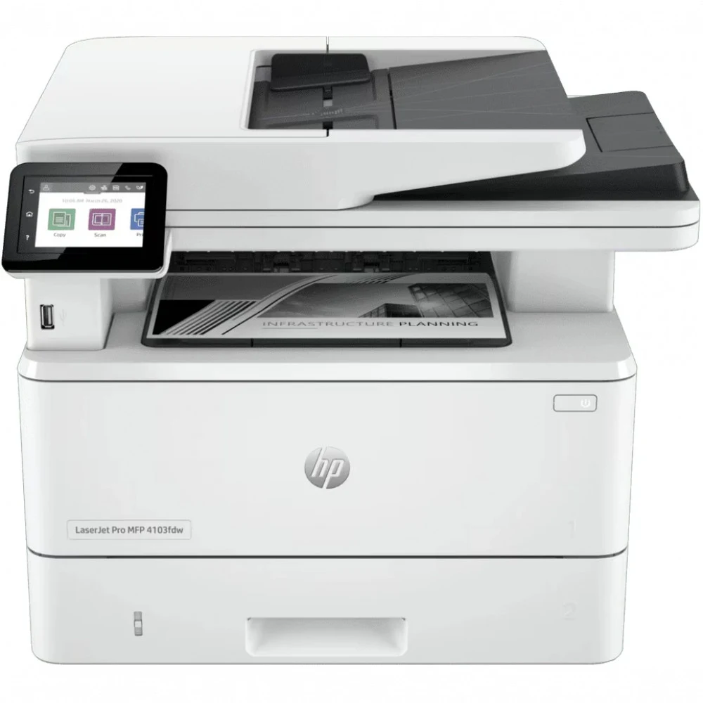 HP LaserJet Pro 4103fdw А4, МФУ, лазерное, черно-белое, 40стр/мин, 1200dpi, 1200МГц, 512Мб, 50АПД, 100+250, WiFi/Bluetooth/USB/Ethernet, 3050стр/картридж, (2Z629A#BBU)