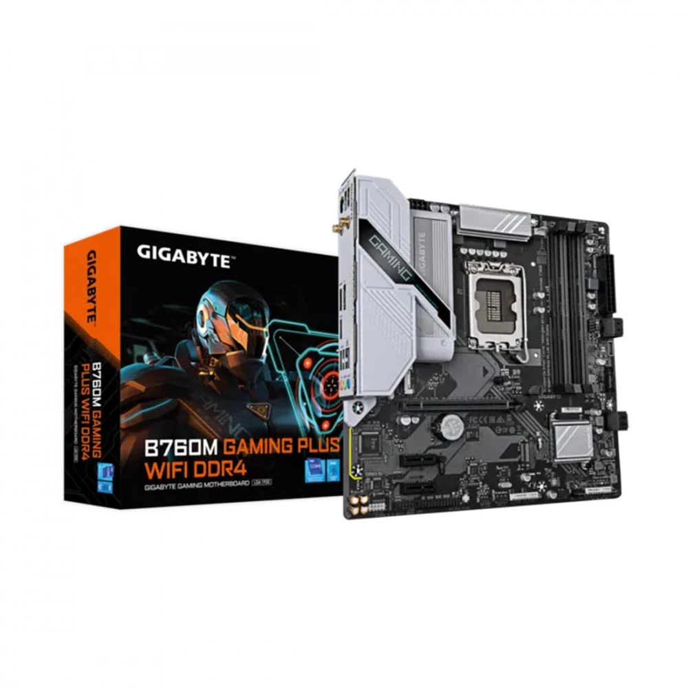 Материнская плата, Gigabyte B760M GAMING PLUS WIFI DDR4 (4719331862855), LGA1700, iB760, 4xDDR4 2133/2400/2666/2933/3200/5333(OC), 4xSATA3, 2xM.2 (PCI-E 4.0x4/x2), Raid, 1хDP, 1xHDMI, 1xPCI-Ex16, 2x