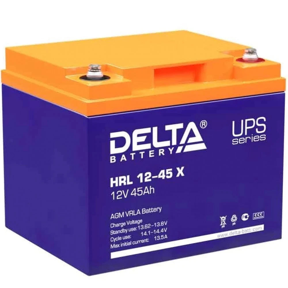 Аккумуляторная батарея Delta HRL 12-45 X 12В/45Ач, клемма Болт М6 (198х166х170мм (170мм) 14,8кг Срок службы 12лет Гар