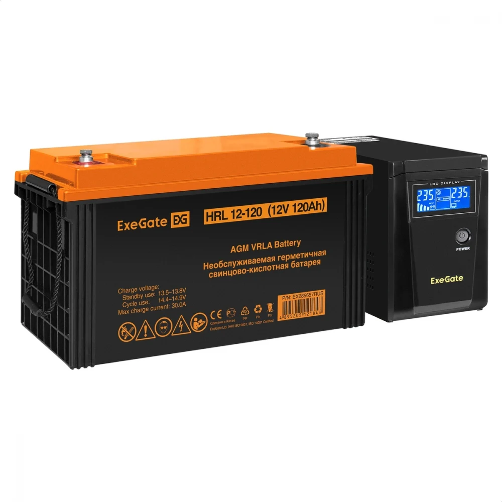 Комплект ИБП EX295986RUS + батарея 120Aч EX285657RUS 1шт (инвертор, синус, для котла) ExeGate SineTower SZ-600.LCD.AVR.1SH <600VA/360W, чистый синусоида, LCD дисплей, AVR, 1*Schuko, линейно-интеракт