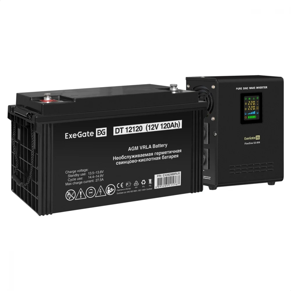 Комплект ИБП EX295996RUS + батарея 120Aч EX282988RUS 1шт (инвертор, синус, для котла, настенный) ExeGate FineSine SX-800.LCD.AVR.2SH <800VA/500W, чистая синусоида, цветной LCD-дисплей, AVR, 2*Schuko