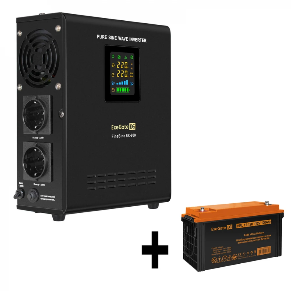 Комплект ИБП EX295996RUS + батарея 120Aч EX285657RUS 1шт (инвертор, синус, для котла, настенный) ExeGate FineSine SX-800.LCD.AVR.2SH <800VA/500W, чистая синусоида, цветной LCD-дисплей, AVR, 2*Schuko