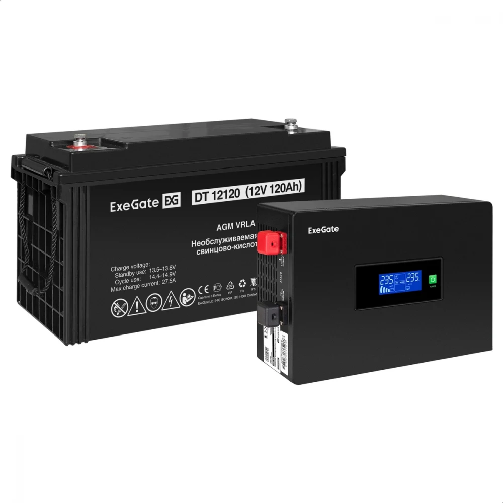 Комплект ИБП EX295992RUS + батарея 120Aч EX282988RUS 1шт инвертор, синус, для котла, PF=1, настенный) ExeGate IdealSine SR-600.LCD.2SH <600VA/600W, чистая синусоида, цветной LCD-дисплей, 2*Schuko, к