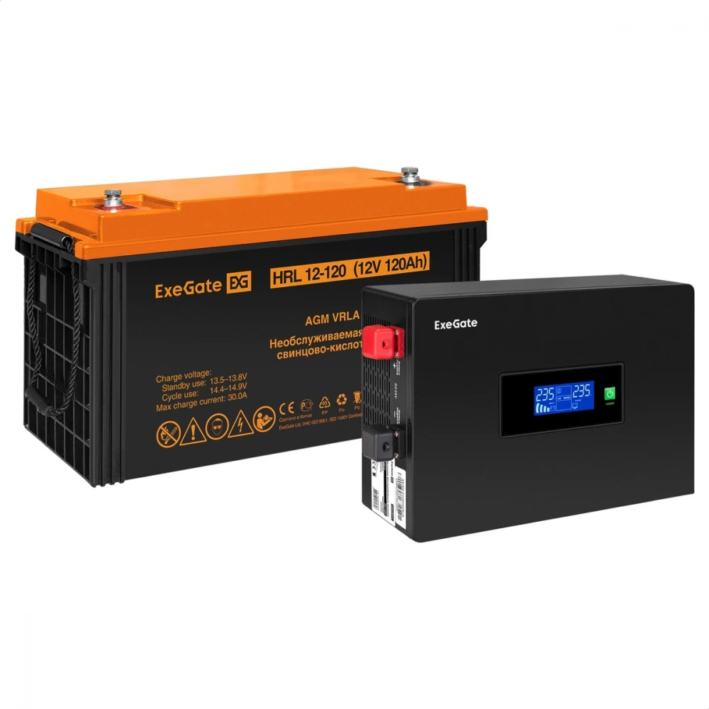 Комплект ИБП EX295992RUS + батарея 120Aч EX285657RUS 1шт (инвертор, синус, для котла, PF=1, настенный) ExeGate IdealSine SR-600.LCD.2SH <600VA/600W, чистая синусоида, цветной LCD-дисплей, 2*Schuko,
