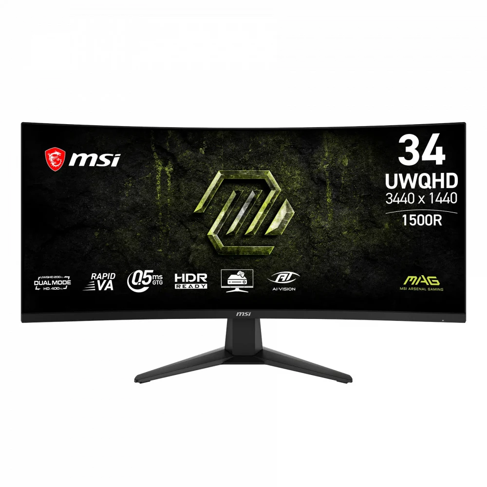 Монитор MSI 34" MAG 346CQDF E20 1500R, 21:9, VA, 0,5ms, 300cd, UWQHD 200Hz/FHD 400Hz, HDMI, D