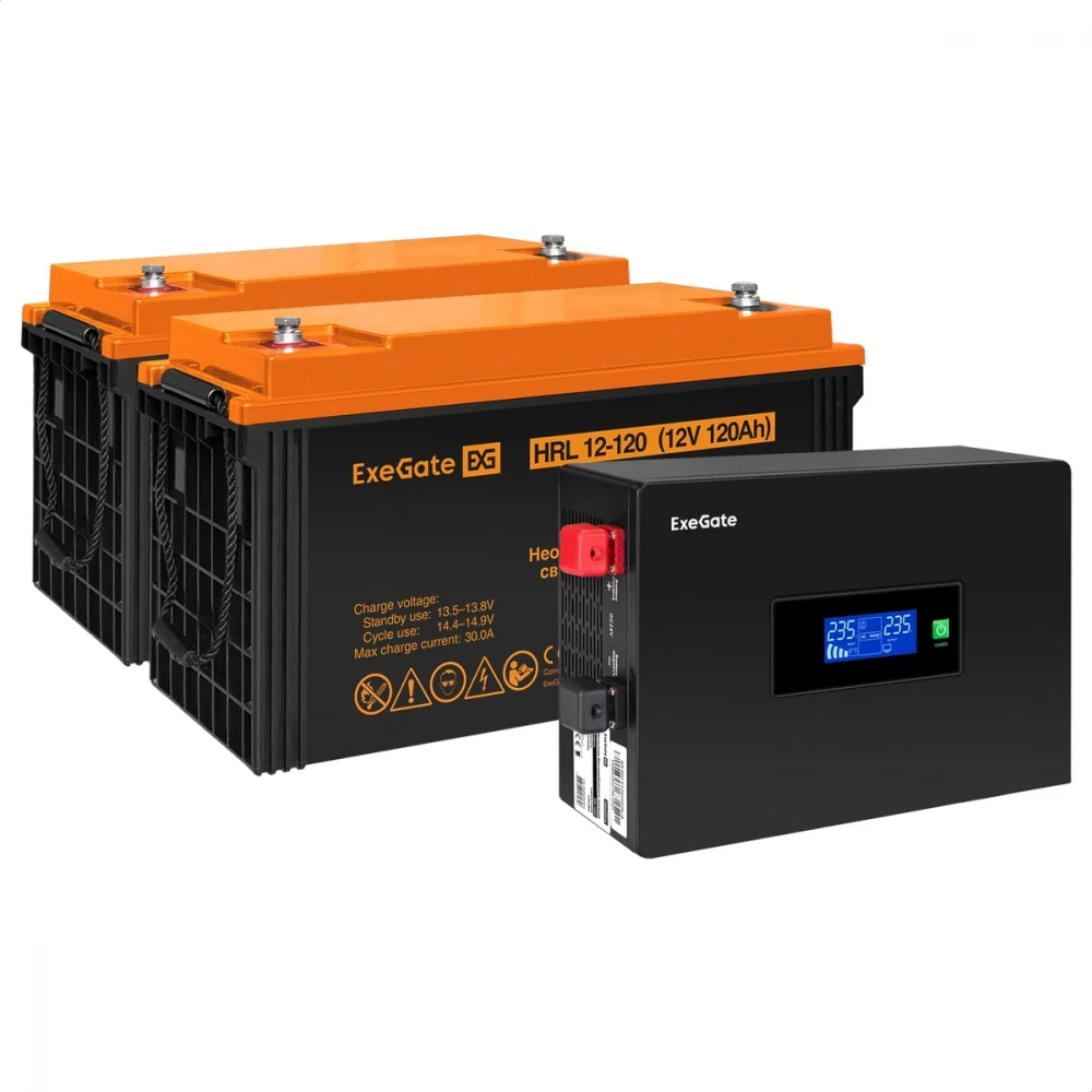 Комплект ИБП EX295994RUS + батарея 120Aч EX285657RUS 2шт (инвертор, синус, для котла, PF=1, настенный) ExeGate IdealSine SR-1500.LCD.2SH  <1500VA/1500W, чистая синусоида, цветной LCD-дисплей, 2*Schu