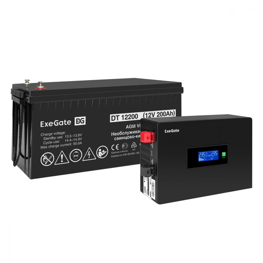 Комплект ИБП EX295992RUS + батарея 200Aч EX282991RUS 1шт инвертор, синус, для котла, PF=1, настенный) ExeGate IdealSine SR-600.LCD.2SH <600VA/600W, чистая синусоида, цветной LCD-дисплей, 2*Schuko, к