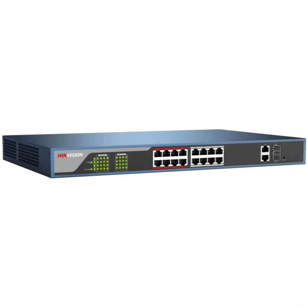 16 RJ45 100M PoE 2 RJ45 1000M PoE 2 1000М SFP порта таблица MAC адресов на 4000 записей пропускная способность 7.2Гб/с стандарты PoE: IEEE 802.3af, IEEE802.3at бюджет PoE 230Вт AC100-240В 0 °C...+40
