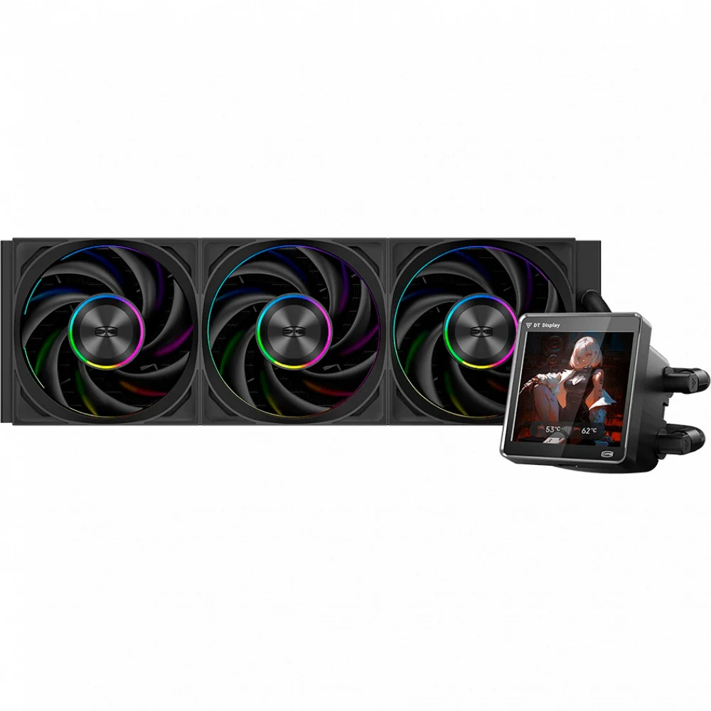 Система охлаждения/ Water Cooling System PCCooler DT360 ARGB Display BK (300W, 360mm, LED temp., Black, ARGB/ Fans: 3x120mm, 83.83CFM, 3000RPM/ Pump height 62mm, 15dBA, 2600RPM, Rad thickness 27mm/