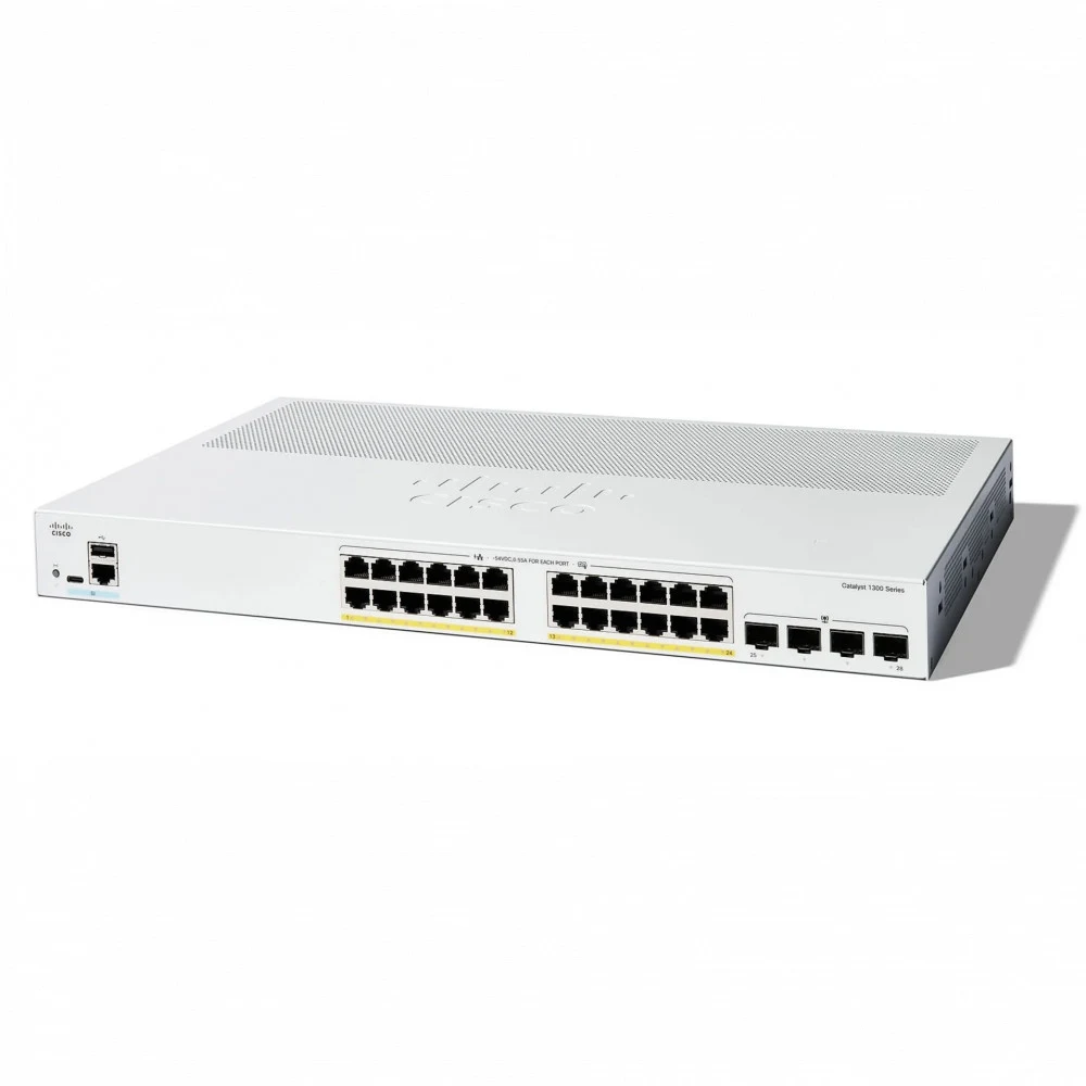 Коммутатор CISCO Catalyst 1300 24x 10/100/1000 RJ-45 PoE+, 4x 1Gb SFP uplinks, PoE+ 195W, Fanless, C1300-24P-4G