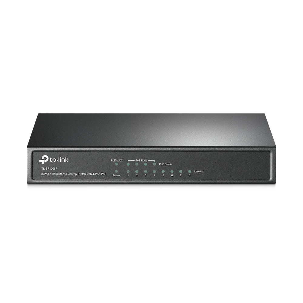Коммутатор TP-Link TP-Link TL-SF1008P 8-портовый 10/100 Мбит/с настольный PoE коммутатор, 8 портов RJ45 10/100 Мбит/с + 4 порта PoE, IEEE 802.3af, бюджет PoE 57 Вт, стальной корпус