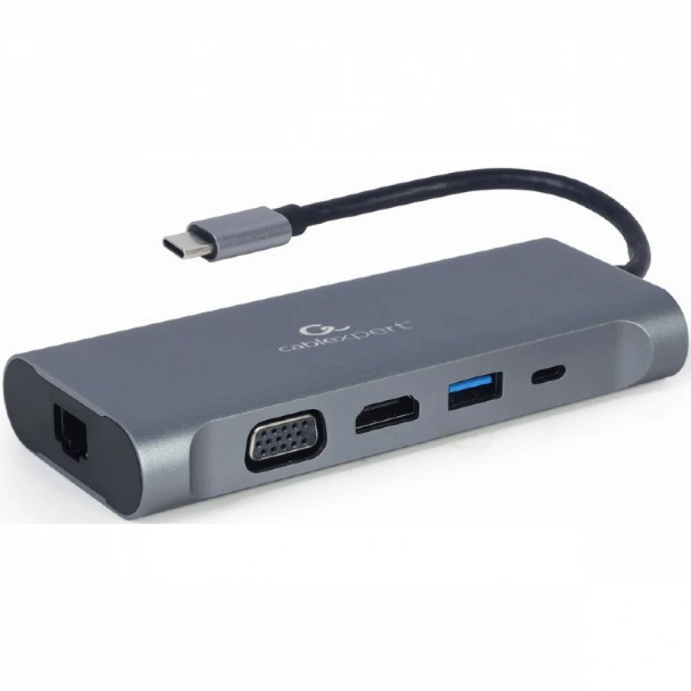 Конвертер Cablexpert USB Type-C 7-in-1 multi-port adapter (Hub3.0,HDMI,VGA,PD,card reader, stereo audio), space greyUSB-C PD (A-CM-COMBO7-01)