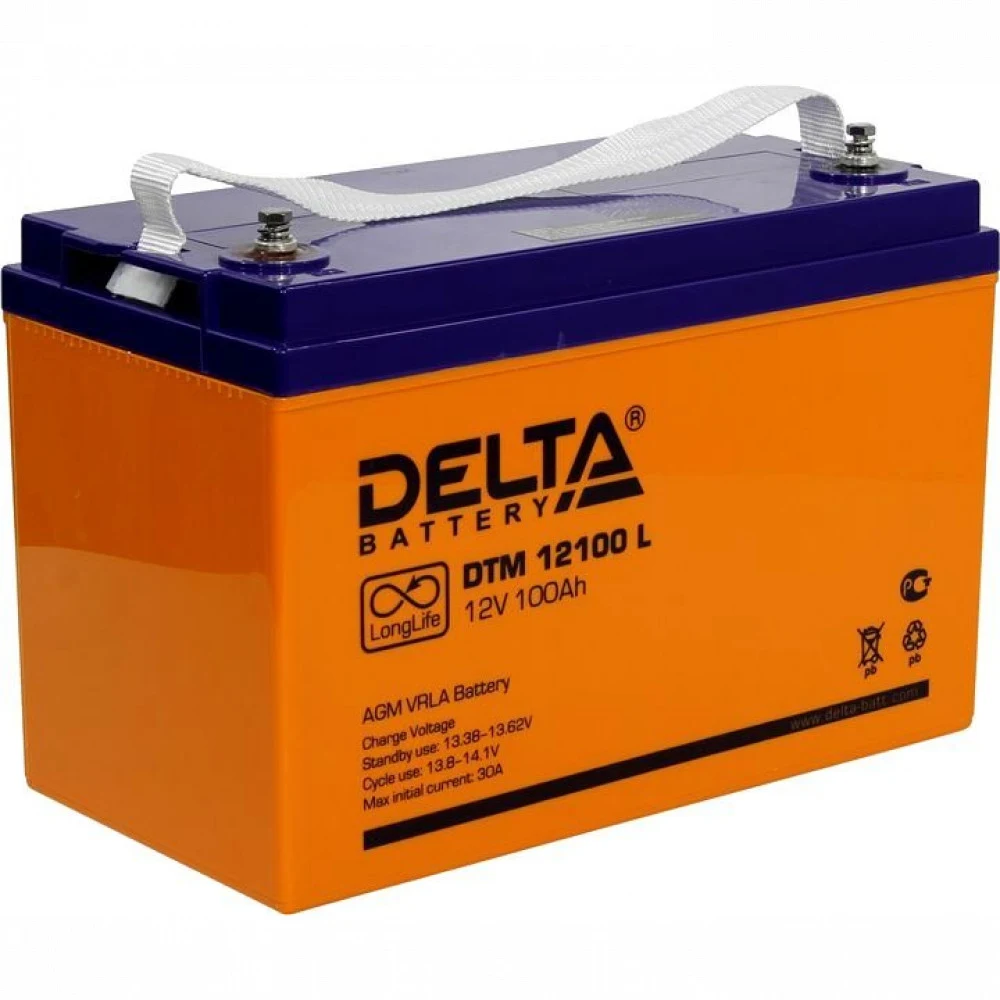 DTM 12100 L - Аккумуляторная батарея DELTA DTM 12100 L (12В/100Ач, Тип: AGM, Клемма: Болт М6, ДхШхВ: 330х171х215мм (Полная высота: 220мм), срок службы: 10-12 лет, Гарантия: 1г, вес: 29кг)