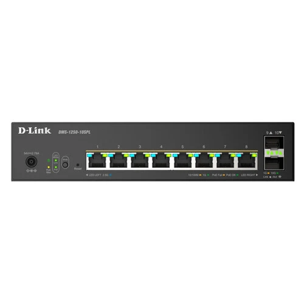 Коммутатор D-Link Управляемый L2 PoE-коммутатор, 8x2.5GBase-T PoE (2 порта PoE 802.3bt 60 Вт), 2x10GBase-X SFP+, PoE-бюджет 120 Вт, защита от статического электричества до 6 кВ, CLI