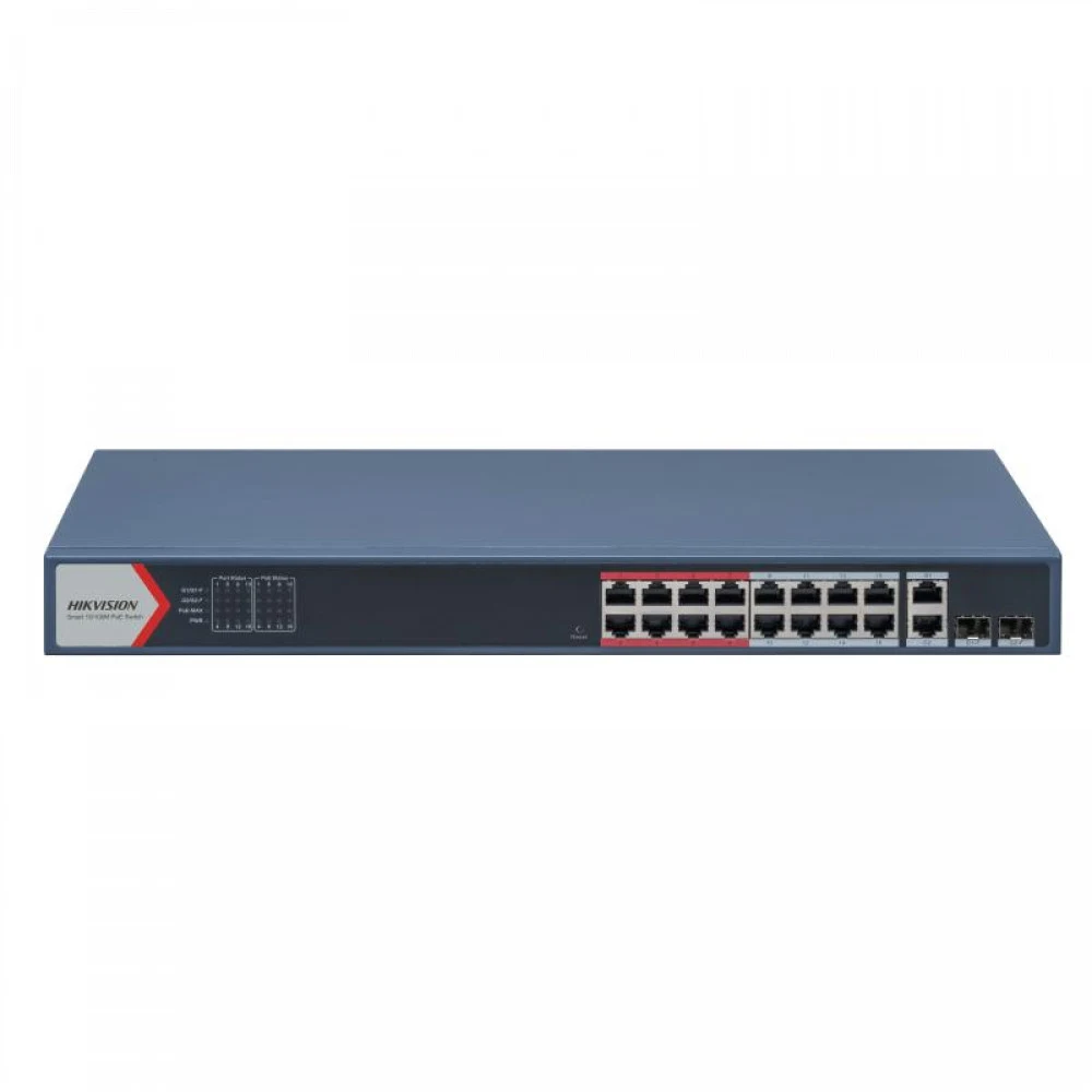 Коммутатор, Hikvision, DS-3E1318P-EI (B), Управляемый L2, 16 x 10/100 Mbps, РоЕ 802.3af/at 230W, 2 x SFP, 2 x 1000 Mbps RJ45, Стоечный, Long Range Ports 1 to 16: up to 300 m.