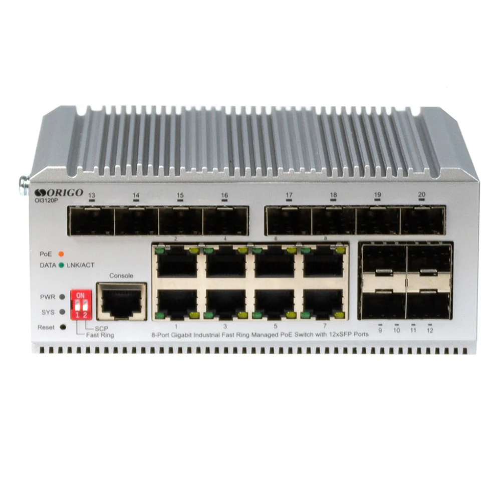 Коммутатор ORIGO OI3120P/185W/A1A Промышленный управляемый L2 PoE-коммутатор 8x1000Base-T PoE+, 12x1000Base-X SFP, PoE-бюджет 185 Вт