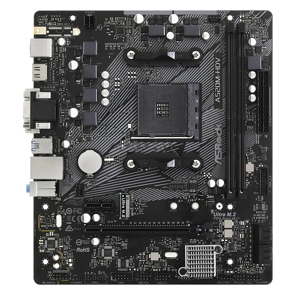 Материнская плата ASRock A520M-HDV, Socket AM4, AMD A520, 2xDDR4-3200, D-SUB+DVI-D+HDMI, 1xPCI-Ex16, 1xPCI-Ex1, 4xSATA3(RAID 0/1/10), 1xM.2, 8 Ch Audio, GLan, (2+4)xUSB2.0, (4+2)xUSB3.2, 1xPS/2, mAT
