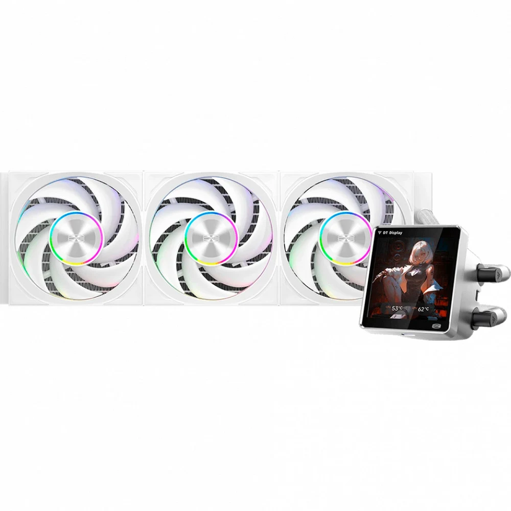 Система охлаждения/ Water Cooling System PCCooler DT360 ARGB Display WH (300W, 360mm, LED temp., White, ARGB/ Fans: 3x120mm, 83.83CFM, 3000RPM/ Pump height 62mm, 15dBA, 2600RPM, Rad thickness 27mm/