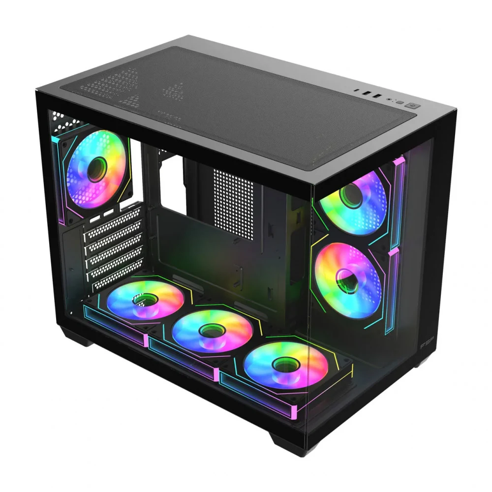 Компьютерный корпус FSP S342-BA, Без БП, 2xUSB3.0+Type-C, 6xARGB 120mm, 2xGlass, Black, mATX S342-BA