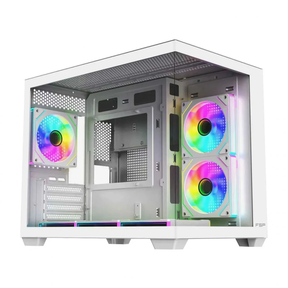 Компьютерный корпус FSP S342-WA, Без БП, 2xUSB3.0+Type-C, 6xARGB 120mm, 2xGlass, White, mATX S342-WA