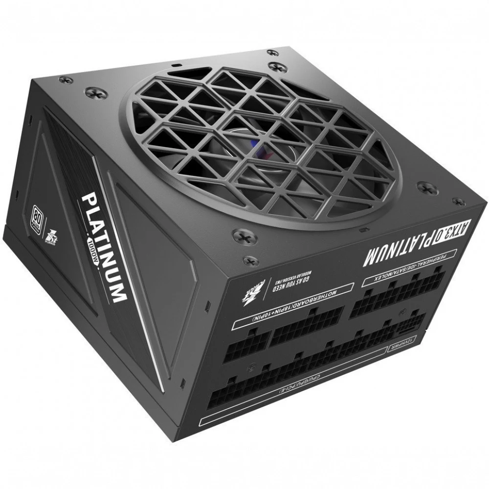 Блок питания, 1STPLAYER, NGDP HA-1000BA3-BK, 1000W, ATX 3.0, APFC, PLATINUM, 20+4pin, 2*4+4pin, 12*Sata, 4*Molex, 4*PCI-E 6+2pin, 1*(16pin)12VHPWR, Modular, Вентилятор 12см, 140x150x86 мм, Черный