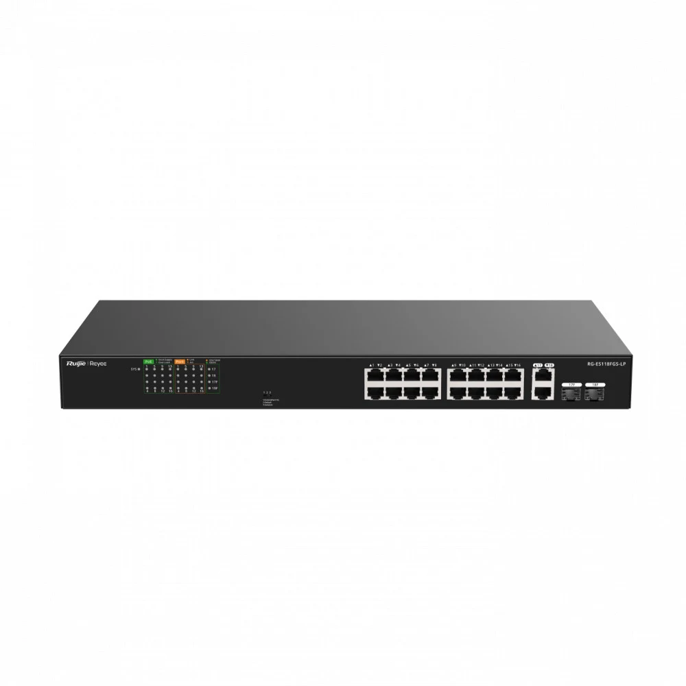 PoE Коммутатор | Уровень: Неуправляемый | Интерфейс: PoE 16×RJ45 10/100Мбит/с / Uplink Combo 2×RJ45 1Гбит/с + 2×SFP 1Гбит/с | Протоколы: Auto/Full/Half Duplex Negotiation, Auto MDI/MDIX, PoE Watchdo