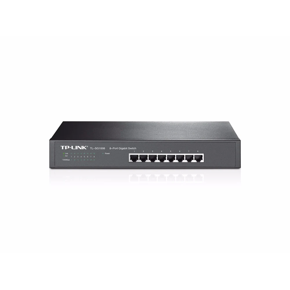 TP-Link TL-SG1008 8-портовый гигабитный коммутатор 8-портовый гигабитный настольный коммутатор Кабель питания Руководство по настройке Комплект креплений для монтажа в стойку Резиновые ножки