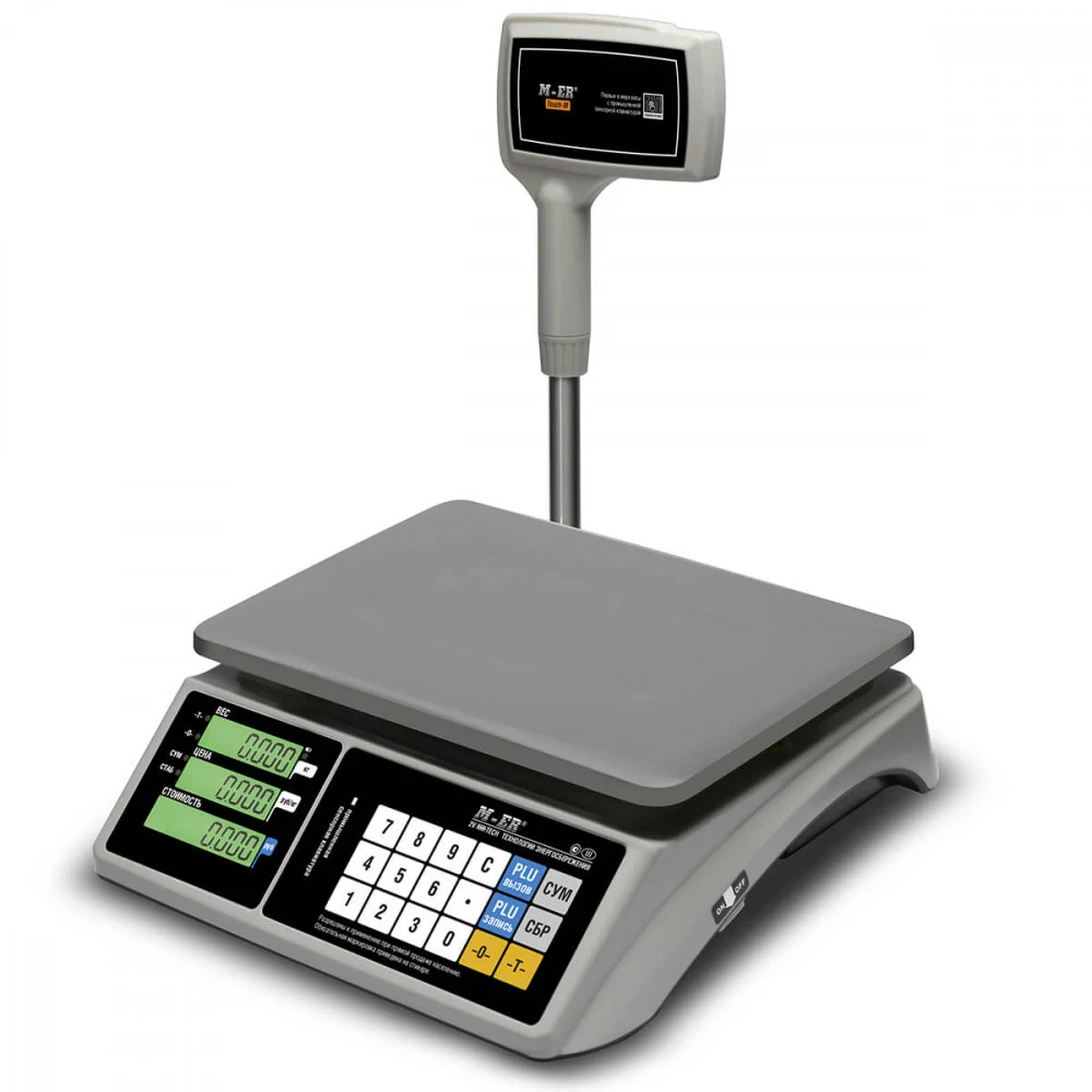 Торговые настольные весы M-ER 328 ACPX-6.1 "TOUCH-M" LCD "Индикация: ЖКИ с подсветкой Габариты: 350х390х590 мм Платформа: 325x230 мм Питание: адаптер+аккумулятор Максимальный вес: 6 кг Минимальный в