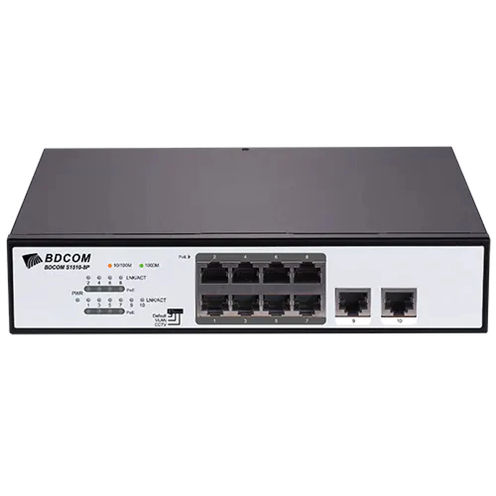 S1510-8P Коммутатор Unmanaged Multi functional PoE Switch (8 1000M PoE ports, 2 GE TX ports built-in AC220V power supply 120W PoE power, desk-top/rack-mounted installation)