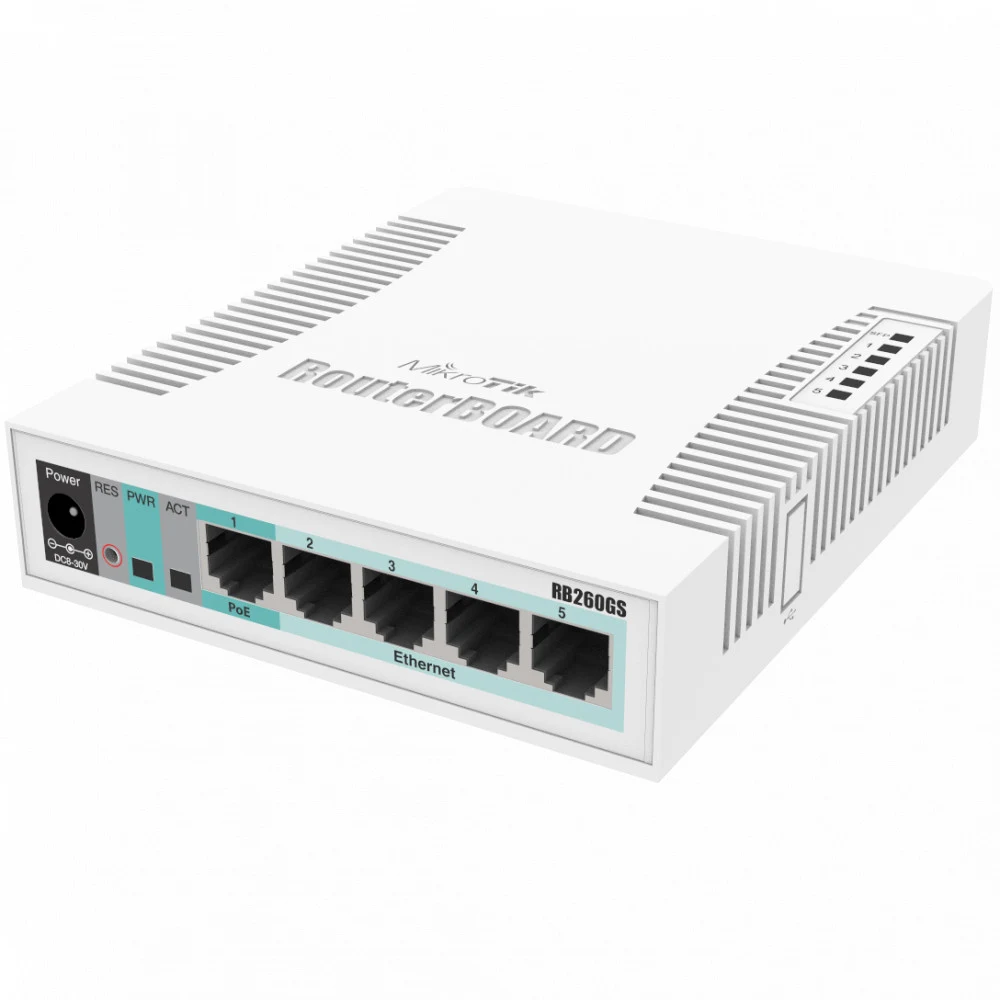 CSS106-5G-1S - Коммутатор MikroTik RouterBoard RB260GS CSS106-5G-1S (5x Gigabit Ethernet Smart Switch, SFP cage, plastic case, SwOS)