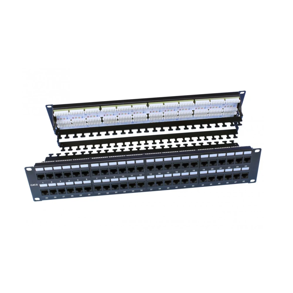 Аксессуары Hyperline Hyperline PP3-19-48-8P8C-C6-110D Патч-панель 19", 2U, 48 портов RJ-45, категория 6, Dual IDC, ROHS цвет черный (задний кабельный организатор в комплекте)