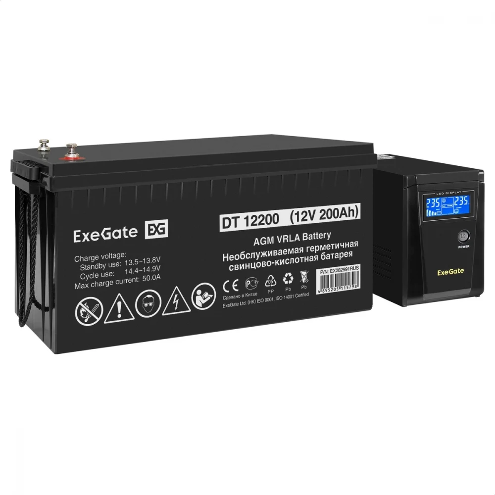 Комплект ИБП EX295986RUS + батарея 200Aч EX282991RUS 1шт (инвертор, синус, для котла) ExeGate SineTower SZ-600.LCD.AVR.1SH <600VA/360W, чистый синусоида, LCD дисплей, AVR, 1*Schuko, линейно-интеракт