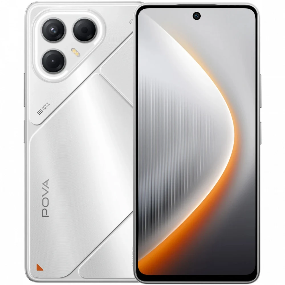 Мобильный телефон, TECNO, POVA 7 5G (LJ7) 128+8 GB, 6.78" FHD+, Аккумулятор 6000 мАч, 50MPx/13MPx, MediaTek Dimensity 7300 Ultimate, Android 15, Fast Charge 45W, Wireless Charge 30W, (Magic Silver)