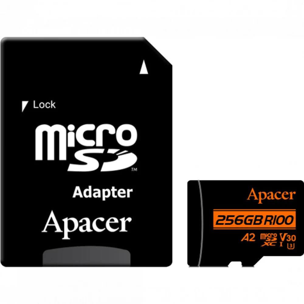 Карта памяти Micro SDXC 256GB Apacer, Class 10, UHS-I U3, V30, A2, адаптер, 100/80 Мбайт/с