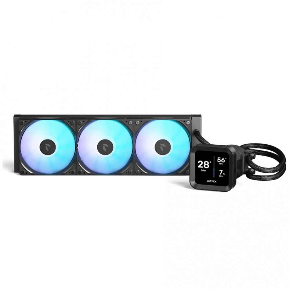 Кулер с водяным охлаждением, APNX, LC1-D 360 BK , Intel 1851/1700/1200/115х и AMD AM5/AM4/, TDP 320W, 3*120мм ARGB, 600-1800RPM±10%, 81,5CFM, 38 dB(A), Чёрный