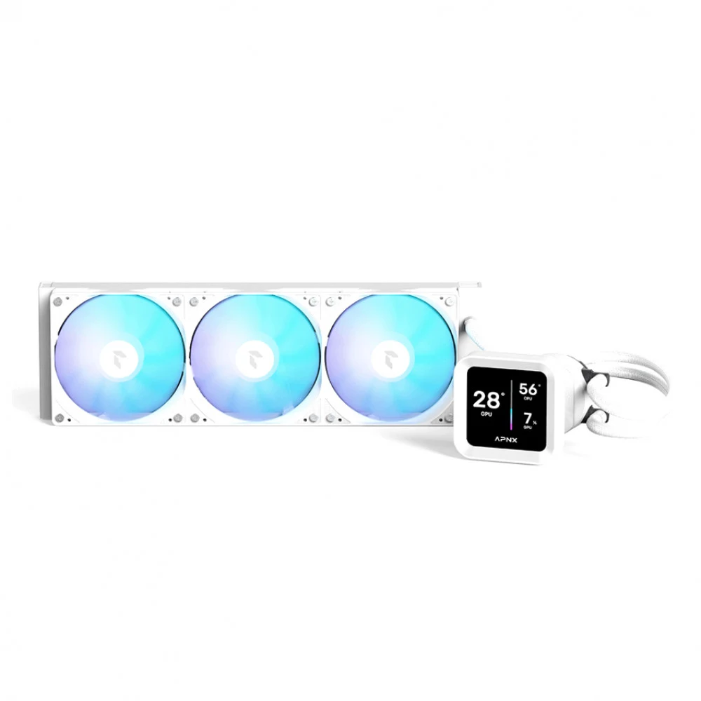 Кулер с водяным охлаждением, APNX, LC1-D 360 WH , Intel 1851/1700/1200/115х и AMD AM5/AM4/, TDP 320W, 3*120мм ARGB, 600-1800RPM±10%, 81,5CFM, 38 dB(A), Белый